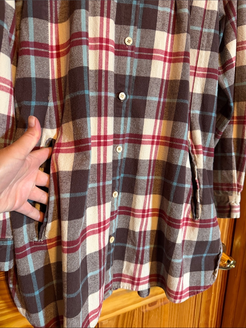 Stillwater Supply Plaid Button-Down Tunic Shirt in Burgundy, Brown & Cream - Picture 4 of 6